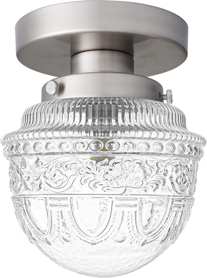 DSMJFU Brushed Nickel Semi Flush Mount Ceiling Light, Small Blowing Clear Glass Shade Ceiling Light Fixtures for Bedroom Closet Bathroom Hallway Kitchen