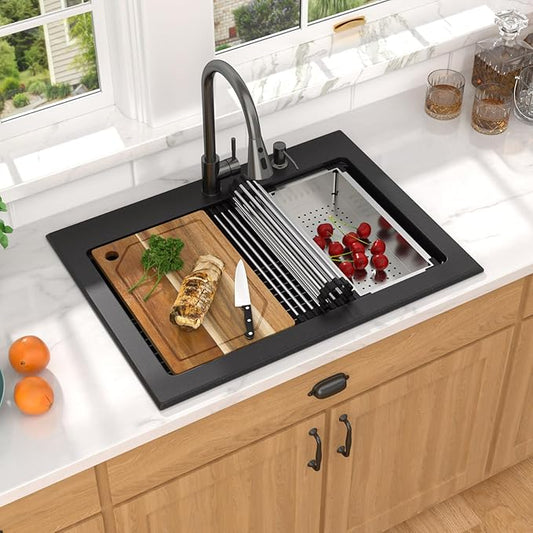 Granite Composite Kitchen Sink - 30 Inch Granite Kitchen Sink Drop In Topmount Workstation Matte Black Quartz Single Bowl Sinks All-In One, 30"x22" #TLGT-124