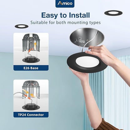 Amico 5/6 inch 5CCT LED Recessed Lighting 12 Pack, Dimmable, Damp Rated, 12.5W=100W, Can Lights with Baffle Trim, Retrofit Installation, ETL&FCC, Black