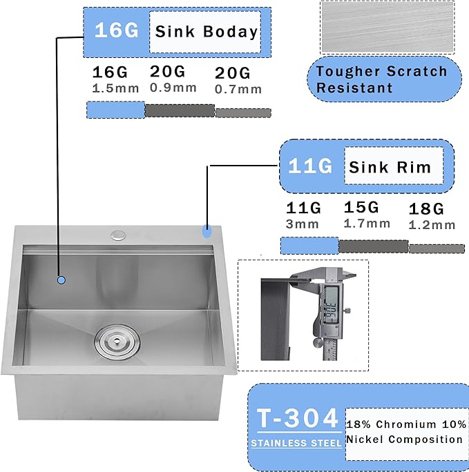 VCCUCINE Bar Sink Drop in, 21x20 Inch Topmount RV Small Kitchen Sink, 16 Gauge Overmount Stainless Steel Laundry Wet Bar Sink, Top Mount Outdoor Single Bowl,Brushed Nickel Prep Sink with Accessories