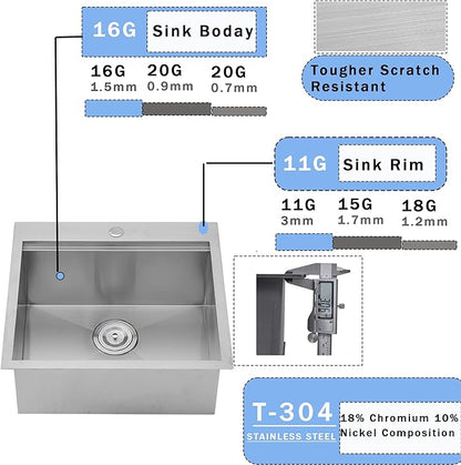 VCCUCINE Bar Sink Drop in, 21x20 Inch Topmount RV Small Kitchen Sink, 16 Gauge Overmount Stainless Steel Laundry Wet Bar Sink, Top Mount Outdoor Single Bowl,Brushed Nickel Prep Sink with Accessories