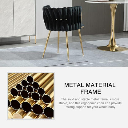 Nrizc Woven Dining Chairs Set of 4, Velvet Upholstered Dining Chairs with Gold Metal Legs, Modern Accent Chairs for Living Room, Dining Room, Kitchen (Black)