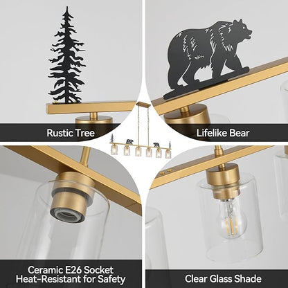 Gold Dining Room Light Fixture/Chandelier Over Table,6-Light Kitchen Island Lighting Hanging for Farmhouse Linear Chandeliers Ceiling Pendant Light Fixtures with Clear Glass Shade
