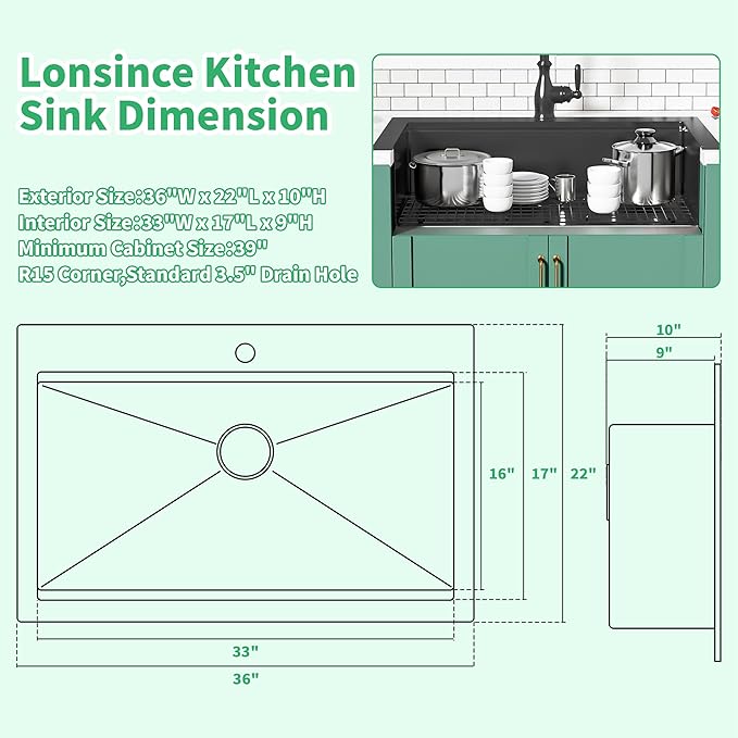 Black Drop In Kitchen Sink 36" X 22",Top Mount 16 Gauge Stainless Steel Workstation Sink,Deep & Large Single Bowl Kitchen Sinks (Black, 36" X 22")