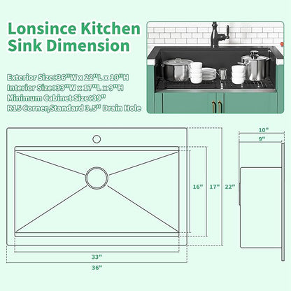 Black Drop In Kitchen Sink 36" X 22",Top Mount 16 Gauge Stainless Steel Workstation Sink,Deep & Large Single Bowl Kitchen Sinks (Black, 36" X 22")