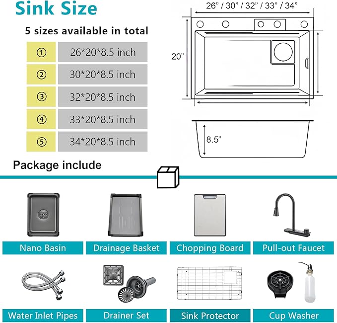 Drop In Waterfall Kitchen Sink, 34 x 20 Inch Topmount/Undermount Stainless Steel Single Bowl Sink With Sliding Tracks, Workstation sink with Complete Accessories Easy Clean