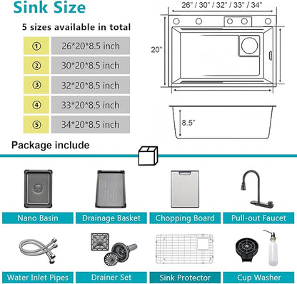 Drop In Waterfall Kitchen Sink, 34 x 20 Inch Topmount/Undermount Stainless Steel Single Bowl Sink With Sliding Tracks, Workstation sink with Complete Accessories Easy Clean