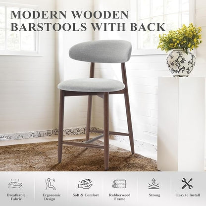 Upholstered Counter Height Bar Stools, Kitchen Island Stools with Back, Modern Counter Stools Chairs with Wood Legs for Kitchen Island Dining Room, Light Grey