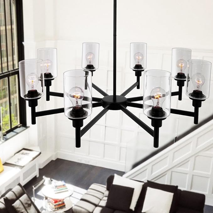 A Million 27.5" Black Chandelier 5 Lights, Kitchen Island Lighting Industrial Chandelier with Clear Glass Shade, Ceiling Pendant Light for Farmhouse Dining Room Living Room Bedroom