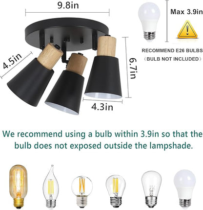 Industrial Flush Mount Ceiling Light Fixture, 3-Lights Multi-Directional Rotating Ceiling Lamp, Metal Black Kitchen Light Fixtures Ceiling Mount, Vintage Bedroom Ceiling Lights for Hallway Living Room