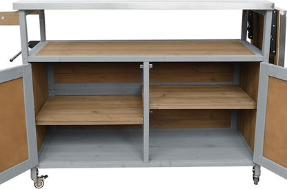 MERITLINE Foldable Outdoor Kitchen Island with Stainless Steel Top & Fir Wood Frame, Adjustable Hidden Shelf & Two-Tier Rack, Lockable Casters for Patio, Garden, Balcony, Espresso + Grey