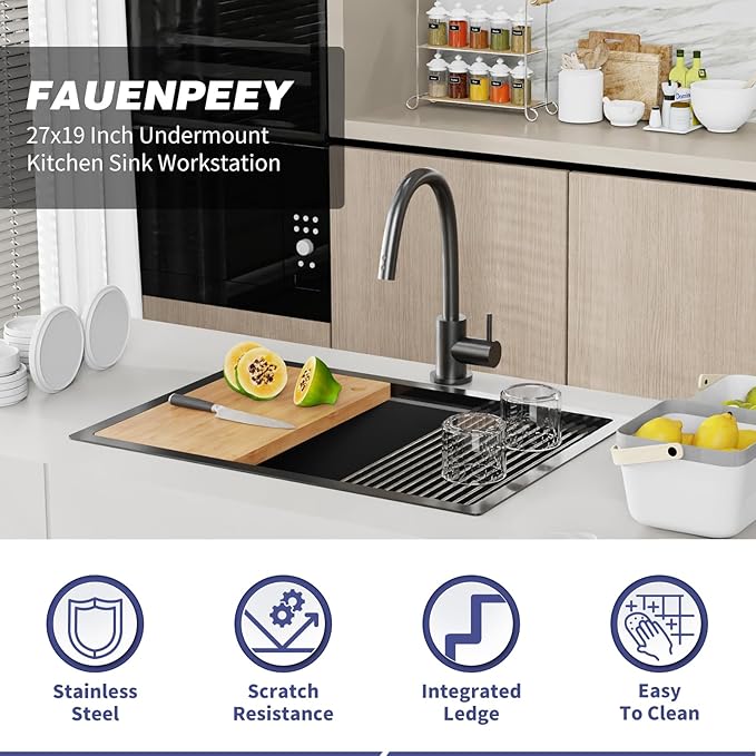 Black Kitchen Sink Workstation,27"x19" Stainless Steel Undermount Single Bowl Sink Built-in Ledge Drop In Workstation Sink Design For Placing/Sliding Accessories-Cutting Board And Drying Rack