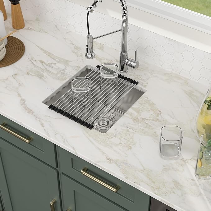 Logmey 17“ Undermount Bar Sink 17x17 Small Square Handmade Kitchen Sink 16 Gauge Stainless Steel Bar Prep Sink 9 Inch Deep Kitchen Sink Single Bowl RV Sink