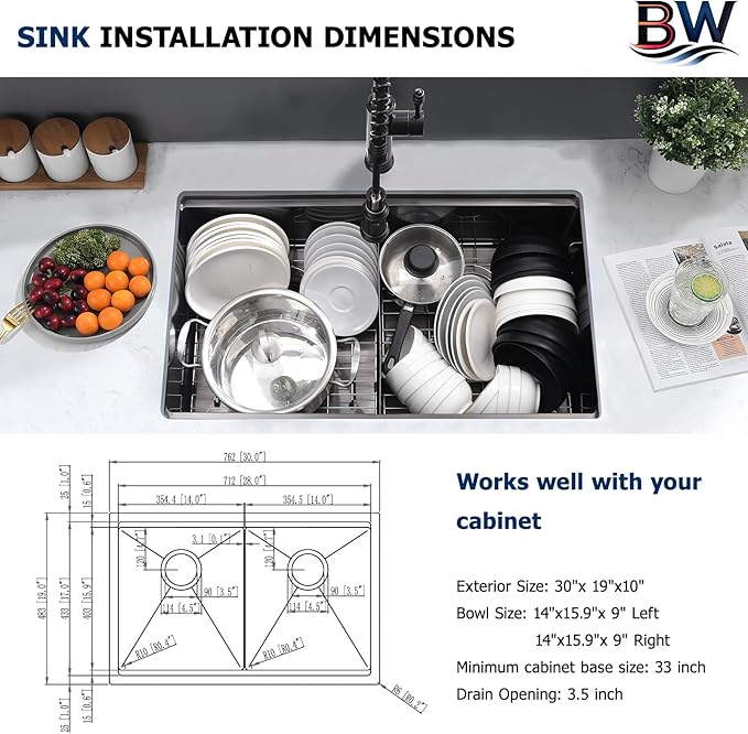 30 Inch Black Undermount Double Bowl Kitchen Sink - 16 Gauge Stainless Steel Undermount Workstation Kitchen Sink Double Bowl 50/50, 30x19 Inch