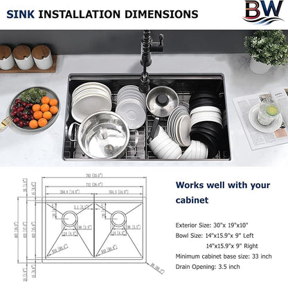 30 Inch Black Undermount Double Bowl Kitchen Sink - 16 Gauge Stainless Steel Undermount Workstation Kitchen Sink Double Bowl 50/50, 30x19 Inch