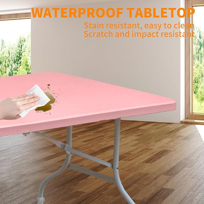 8 FT Folding Table with Carry Handle, Portable Fold-in-Half Plastic Table, Rectangle Foldable Table for Indoor/Outdoor Pink