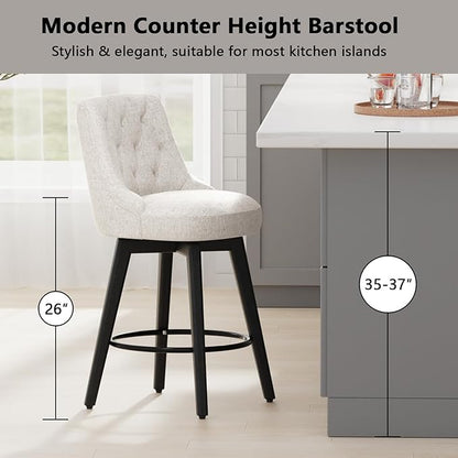 Vipbear Swivel Bar Stools Set of 2, Updated Thickened Upholstered Fabric Counter Height Barstools with Backs, Solid Wood Legs, 26" Modern Bar Height Stools for Kitchen Island, Dining Room, Dark Beige