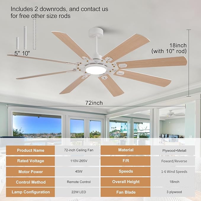 72 inch Ceiling Fans with Lights and Remote,8 Blades White Ceiling Fan with Light, Large Air Volume, Reversible Quiet DC Motor, Modern Ceiling Fans for Indoor Outdoor Living Room Large Room
