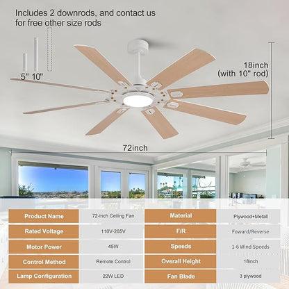 72 inch Ceiling Fans with Lights and Remote,8 Blades White Ceiling Fan with Light, Large Air Volume, Reversible Quiet DC Motor, Modern Ceiling Fans for Indoor Outdoor Living Room Large Room