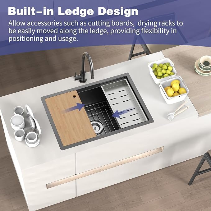 Black Kitchen Sink Workstation,28"x19" Stainless Steel Undermount Single Bowl Sink Built-in Ledge Drop In Workstation Sink For Placing/Sliding Accessories-Cutting Board,Drying Rack,Colander
