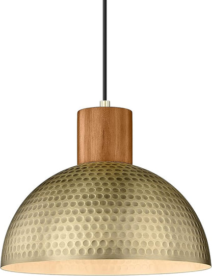 ELYONA Vintage Pendant Light Fixtures, 12” Brushed Brass Hammered Metal & Rubber Wood Industrial Dome Hanging Lamp, Antique Gold Kitchen Pendant Light for Island, Farmhouse, Sink, Dining Room, Hallway