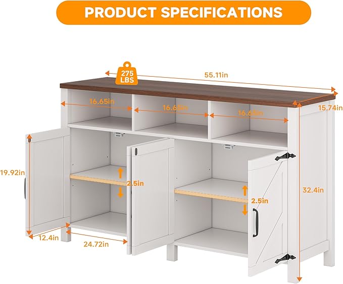 knoworld Buffet Sideboard with Storage Farmhouse with 4 Doors, 55'' Large Kitchen Storage Cabinet Wood Coffee Bar Cabinet Buffet Table with Shelves for Kitchen, Dining Room, Entryway