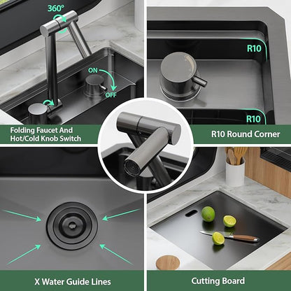 18x18 Inch Outdoor Sink Black Undermount RV Sink Workstation NANO PVD 16 Gauge Stainless Steel Single Bowl Handmade Outdoor Kitchen Sinks With Folding Faucet 18"x18"x9"