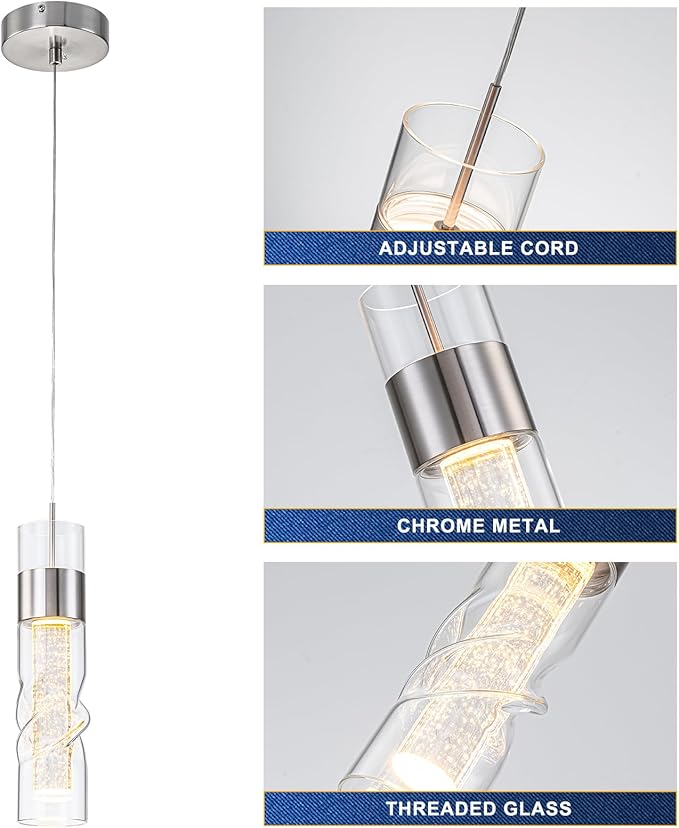 WILON Pendant Lights Kitchen Island, 9W Modern Kitchen Island Lights Brushed Nickel, Ceiling Lighting Fixtures with Crystal Bubble, Integrated LED Hanging Light for Dining Room Restaurant(1 Pack)