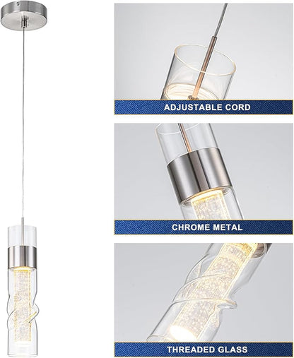 WILON Pendant Lights Kitchen Island, 24W Modern Kitchen Island Lights Brushed Nickel, Ceiling Lighting Fixtures with Crystal Bubble, Integrated LED Hanging Light for Dining Room Restaurant(3 Pack)