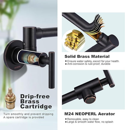 Pot Filler Faucet Oil-Rubbed Bronze: WOWOW Solid Brass Pot Filler Wall-Mounted Pasta Faucet with Double Joint Swing Arm for Kitchen Over Stove