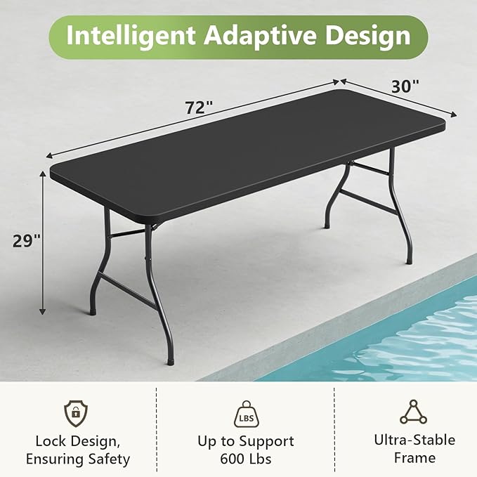 6ft Folding Table, Heavy Duty Plastic Card Table with Foldable Steel Legs, Metal Frame Support up to 600 lb, Portable for Indoor, Outdoor, Picnic, Camping, Dining, Party, Black