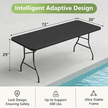 6ft Folding Table, Heavy Duty Plastic Card Table with Foldable Steel Legs, Metal Frame Support up to 600 lb, Portable for Indoor, Outdoor, Picnic, Camping, Dining, Party, Black