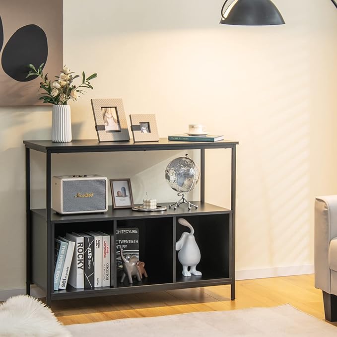 Giantex Buffet Sideboard, Wooden Cupboard, Kitchen Pantry w/Spacious Countertop, Large Open Shelf, 3 Cube Storage Cabinet, Sturdy Rustproof Steel Frame, Modern Stationary Island, Black