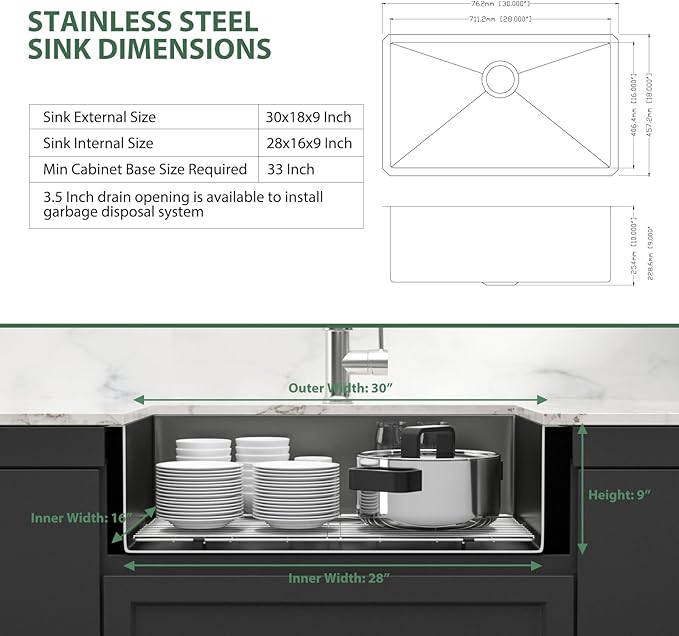 Black Undermount Kitchen Sink 30 Inch - Couoko Gunmetal Black Single Bowl Undermount Sinks 16 Gauge T304 Stainless Steel Large Deep NANO PVD Handmade Round Corner Kitchen Sinks 30"x18"x9"
