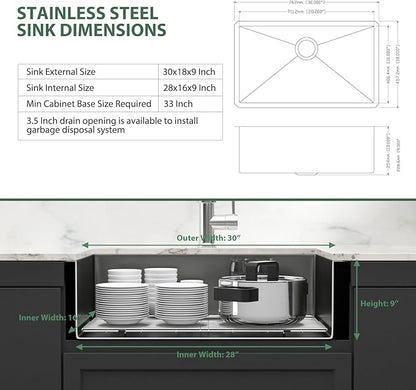 Black Undermount Kitchen Sink 30 Inch - Couoko Gunmetal Black Single Bowl Undermount Sinks 16 Gauge T304 Stainless Steel Large Deep NANO PVD Handmade Round Corner Kitchen Sinks 30"x18"x9"