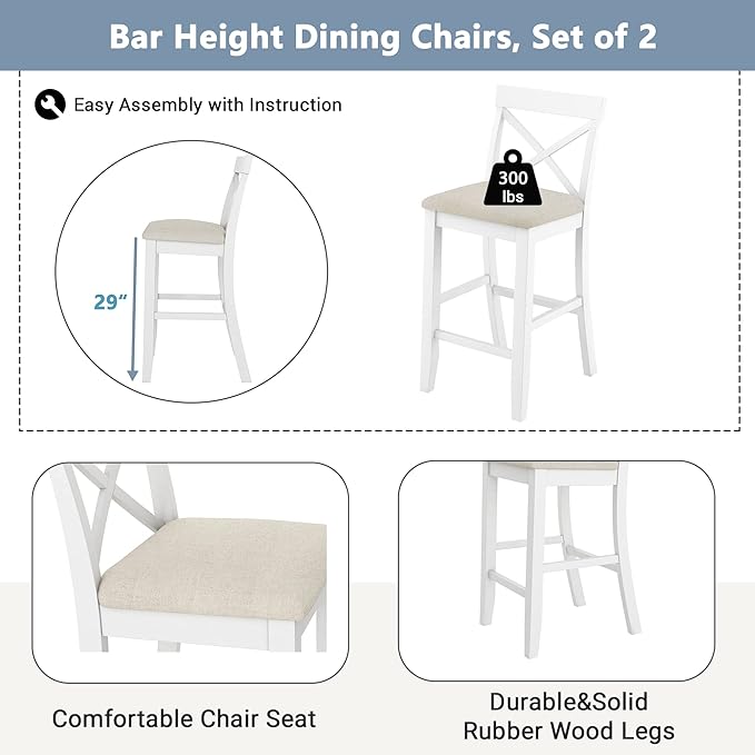 VilroCaz Farmhouse 3-Piece Counter Height Wood Kitchen Dining Sets, Home Bar Pub Kitchen Breakfast Set, 48'' Long Bar Table with 2 Upholstery Chairs for Small Places (Cherry+White)