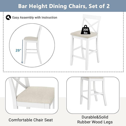 VilroCaz Farmhouse 3-Piece Counter Height Wood Kitchen Dining Sets, Home Bar Pub Kitchen Breakfast Set, 48'' Long Bar Table with 2 Upholstery Chairs for Small Places (Cherry+White)