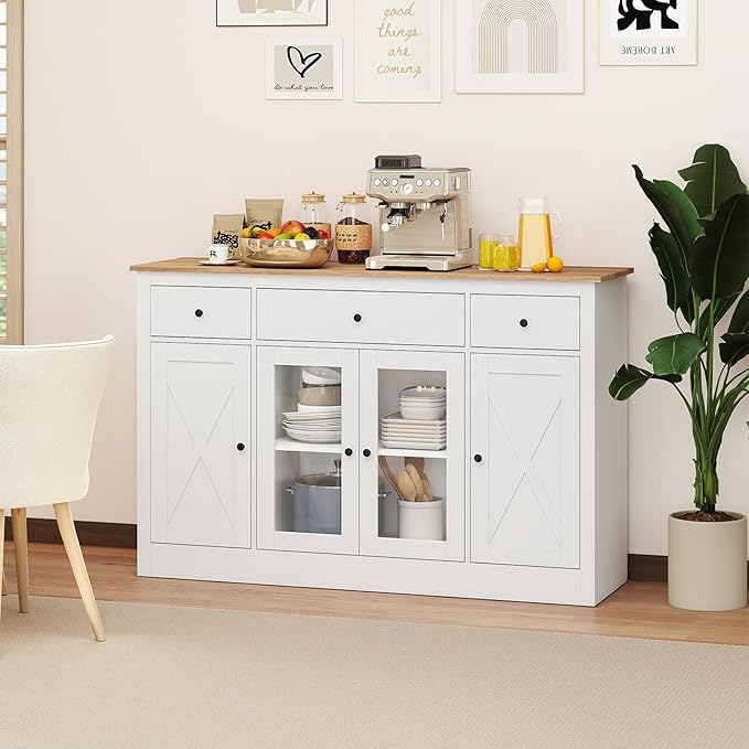 Giantex 55" Sideboard Buffet Cabinet with Storage, Modern Farmhouse Kitchen Storage Cabinet w/3 Drawers, Adjustable Shelves, 2 Barn Doors & 2 Glass Doors, White Sideboard for Living Room, Coffee Bar