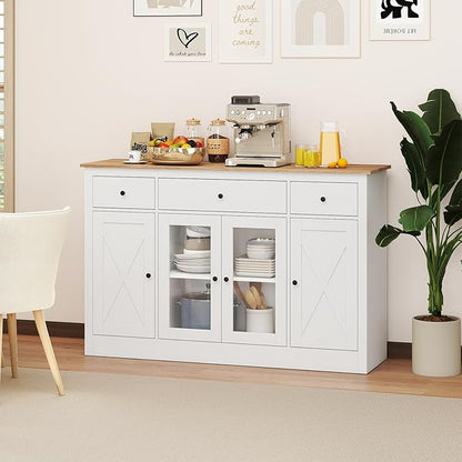 Giantex 55" Sideboard Buffet Cabinet with Storage, Modern Farmhouse Kitchen Storage Cabinet w/3 Drawers, Adjustable Shelves, 2 Barn Doors & 2 Glass Doors, White Sideboard for Living Room, Coffee Bar