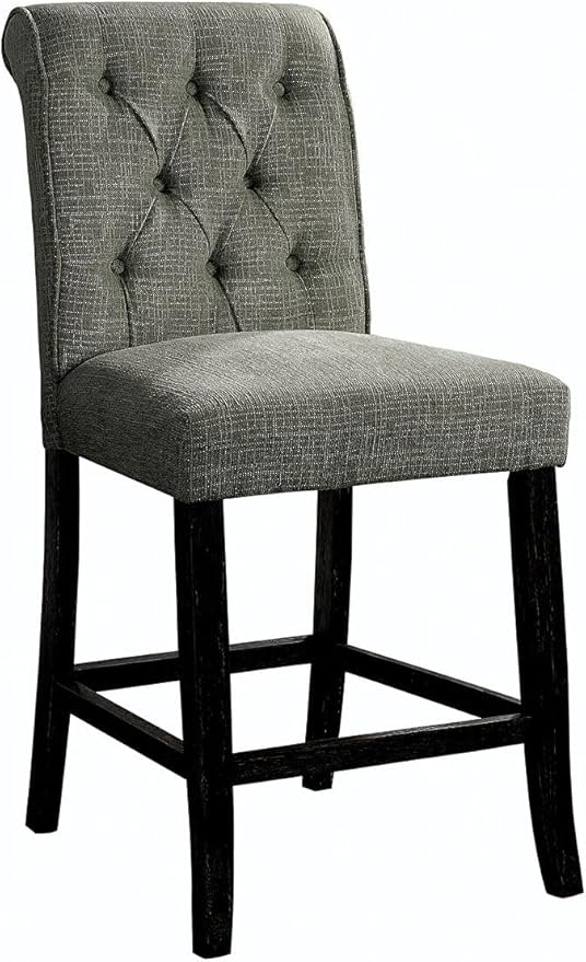 Rustic Gray Counter Height Chairs Set of 2, Chenille Upholstered Dining Chairs with Scrolled Backs for Kitchen Island