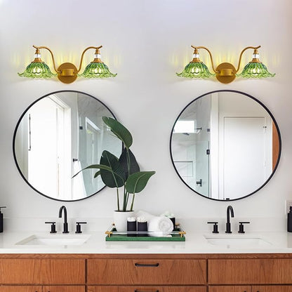 Vintage Bathroom Vanity Light Fixtures - 2 Light Antique Brass Bathroom Lights Fixture Over Mirror with Green Flower Glass,Retro Brushed Gold Bronze Wall-Mounted Vanity Lighting for Powder Room