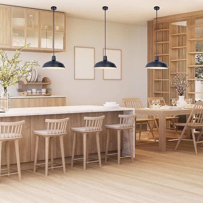 3 Pack Modern Black Kitchen Island Pendant Light 16 inches Metal Shade White inside Finish Gold Accent,Multiple Stems Rods Adjustable Hanging Height Ceiling Lamp E26 for Dining Room Hallway