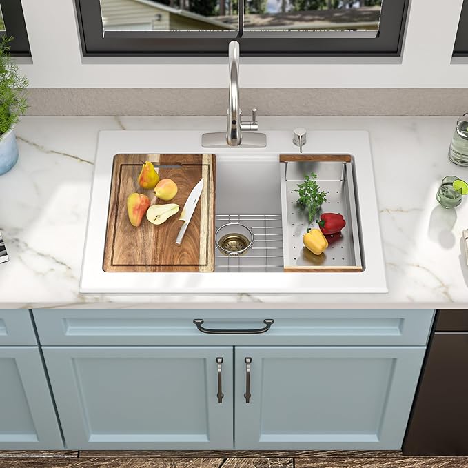 30 Granite Composite Kitchen Sink - Fulorni 30"x22" Granite Kitchen Sink Ledge Workstation Drop In Topmount White Quartz Classic Above Counter Single Bowl Basin