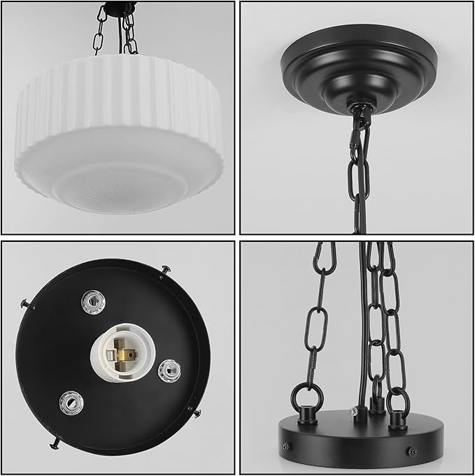 Schoolhouse Pendant Light, 14inch Milk Glass Pendant Light Vintage Black Chandelier Adjustable Height Mid Century Modern Pendant Lighting for Kitchen Island Dining Room Foyer Hallway