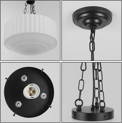Schoolhouse Pendant Light, 14inch Milk Glass Pendant Light Vintage Black Chandelier Adjustable Height Mid Century Modern Pendant Lighting for Kitchen Island Dining Room Foyer Hallway