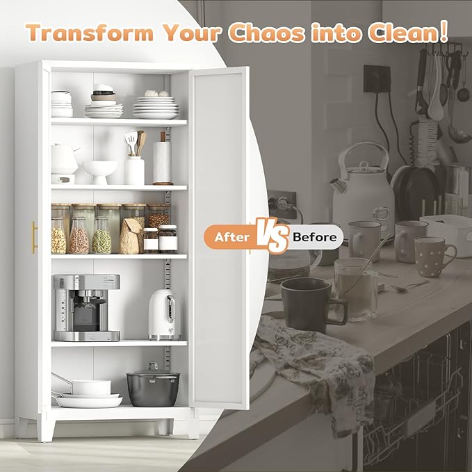 Zevemomo 71'' Tall Metal Pantry Cabinet with 2 Doors, Freestanding Kitchen Storage Cabinet with 4 Adjustable Shelves, Steel Cupboard for Kitchen, Pantry, Dining Room, Living Room, Bathroom, White