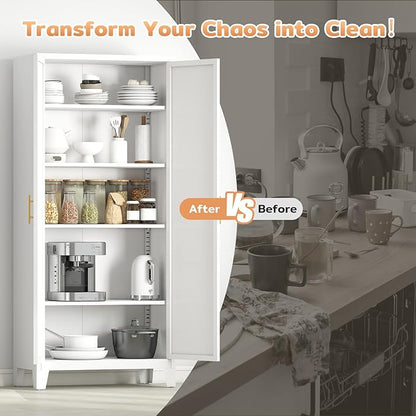 Zevemomo 71'' Tall Metal Pantry Cabinet with 2 Doors, Freestanding Kitchen Storage Cabinet with 4 Adjustable Shelves, Steel Cupboard for Kitchen, Pantry, Dining Room, Living Room, Bathroom, White