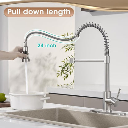 Kitchen Faucet with Pull Down Sprayer, Brushed Nickel High Arc Single Handle Spring Pull Out Stainless Steel Faucet for Kitchen Sink, 2 Mode Utility Ideal for Laundry Camper Bar RV Room
