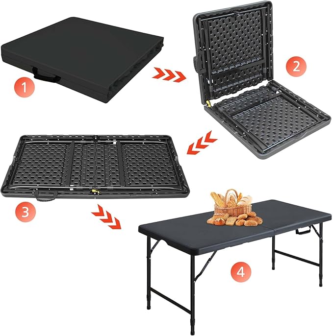 Portable 4Ft Adjustable Height Plastic Folding Table, Heavy Duty Fold-in-Half Table with Carrying Handle, Small Utility Foldable Table for Picnic Party Camping BBQ, Indoor/Outdoor(Black)