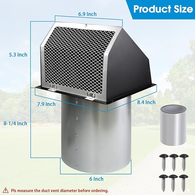 Dryer Vent Cover Outside,6 Inch Hooded Wall Vent with Screen&Damper,6"Vent Cover Exterior Vent Hood Wall Exhaust Vent Cover Cap for Kitchen Exhaust/Range Hood/Outdoor Air Vent,Galvanized Steel,Black